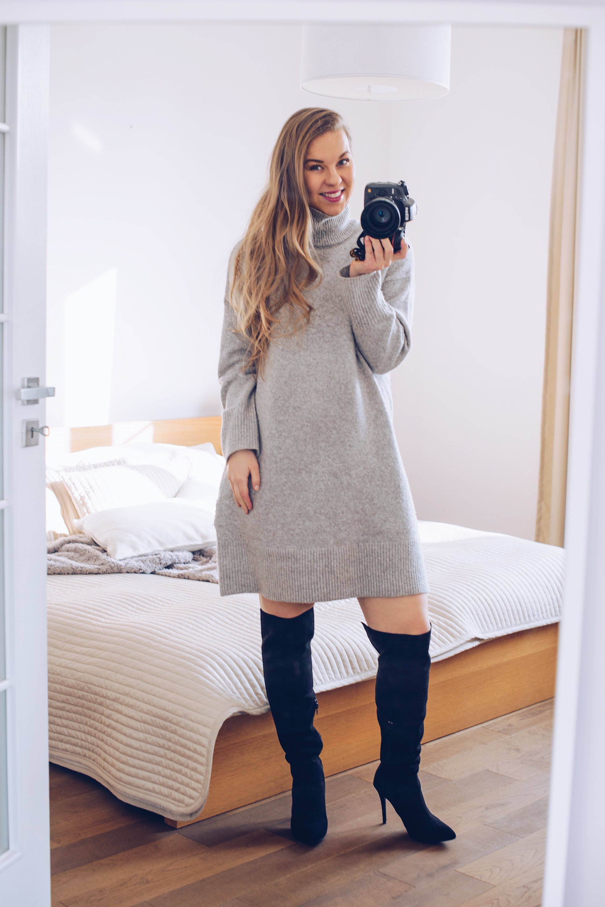 Knit dress & over the knee boots